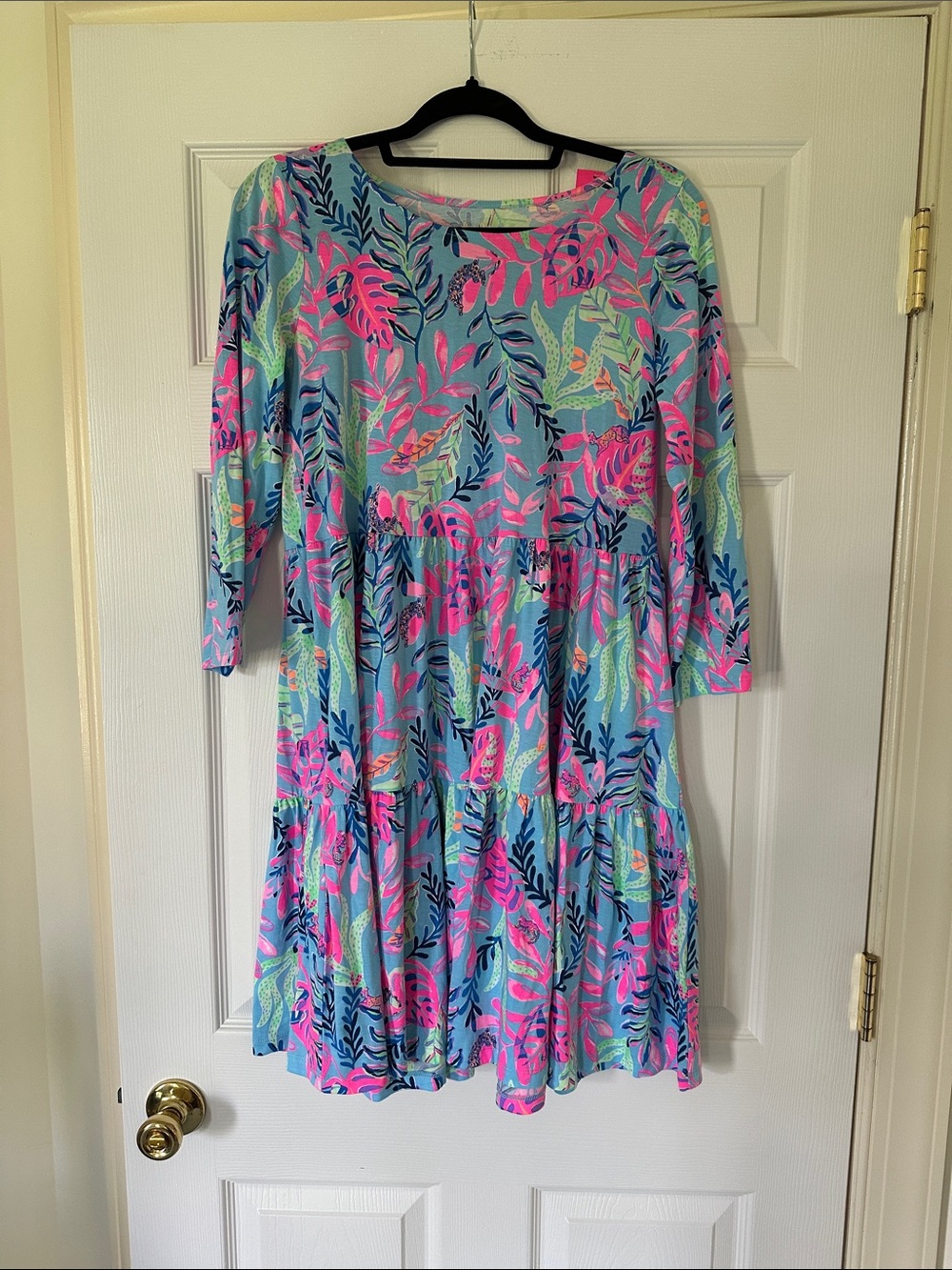 Lilly Pulitzer Light Blue Tropical Tiered Dress with Pink & Navy Leaves
